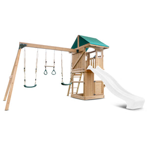 Wooden playground set with swings and a slide on a white background
