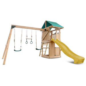 Wooden playground set with swings, slide, and climbing structure on a white background