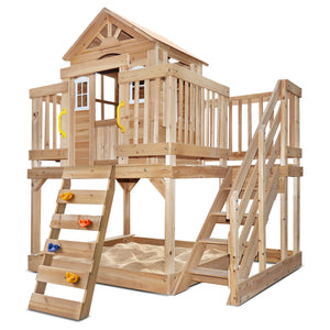 Wooden playhouse with sand area and multiple ladders on a white background