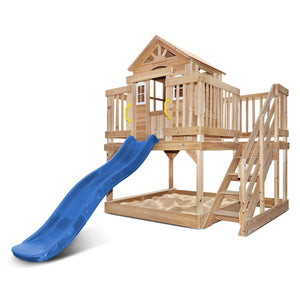 Wooden playhouse with a blue slide on a white background