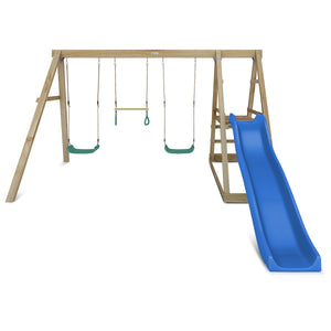 Children's swing set with blue slide on a white background