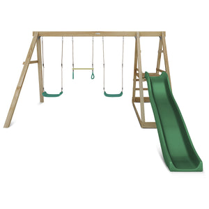 Children's playset with green slide and swings on a white background
