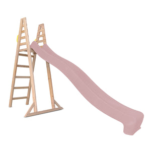 Pink slide with wooden ladder on a white background