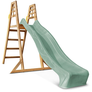 Green slide with wooden ladder on a white background