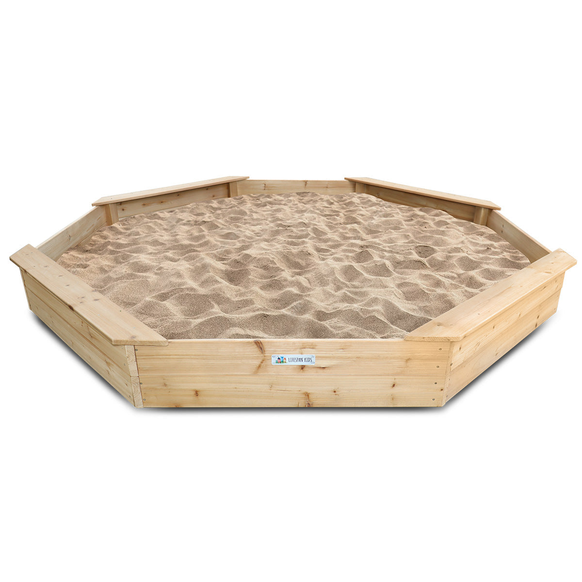 Hexagonal sand pit with wooden frame and sand inside on a white background