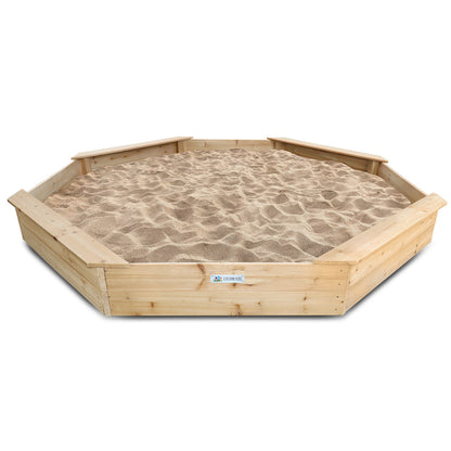 Hexagonal sand pit with wooden frame and sand inside on a white background