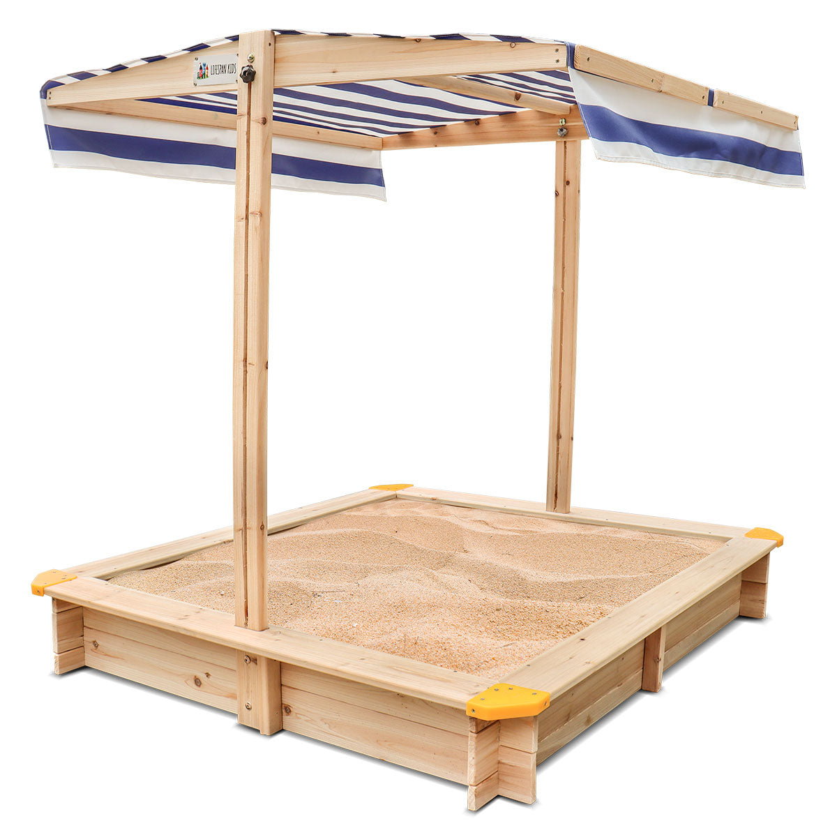 Wooden sandbox with a striped canopy on a white background