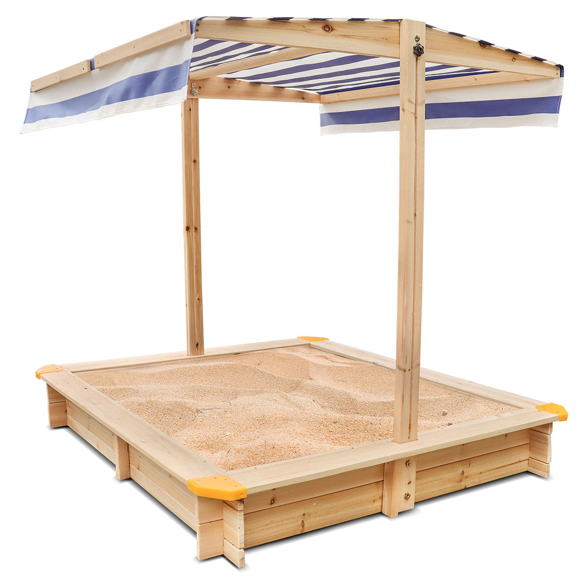 Wooden sandbox with a canopy and striped awning on a white background