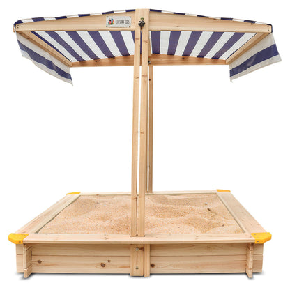 Wooden sandbox with striped canopy on a white background