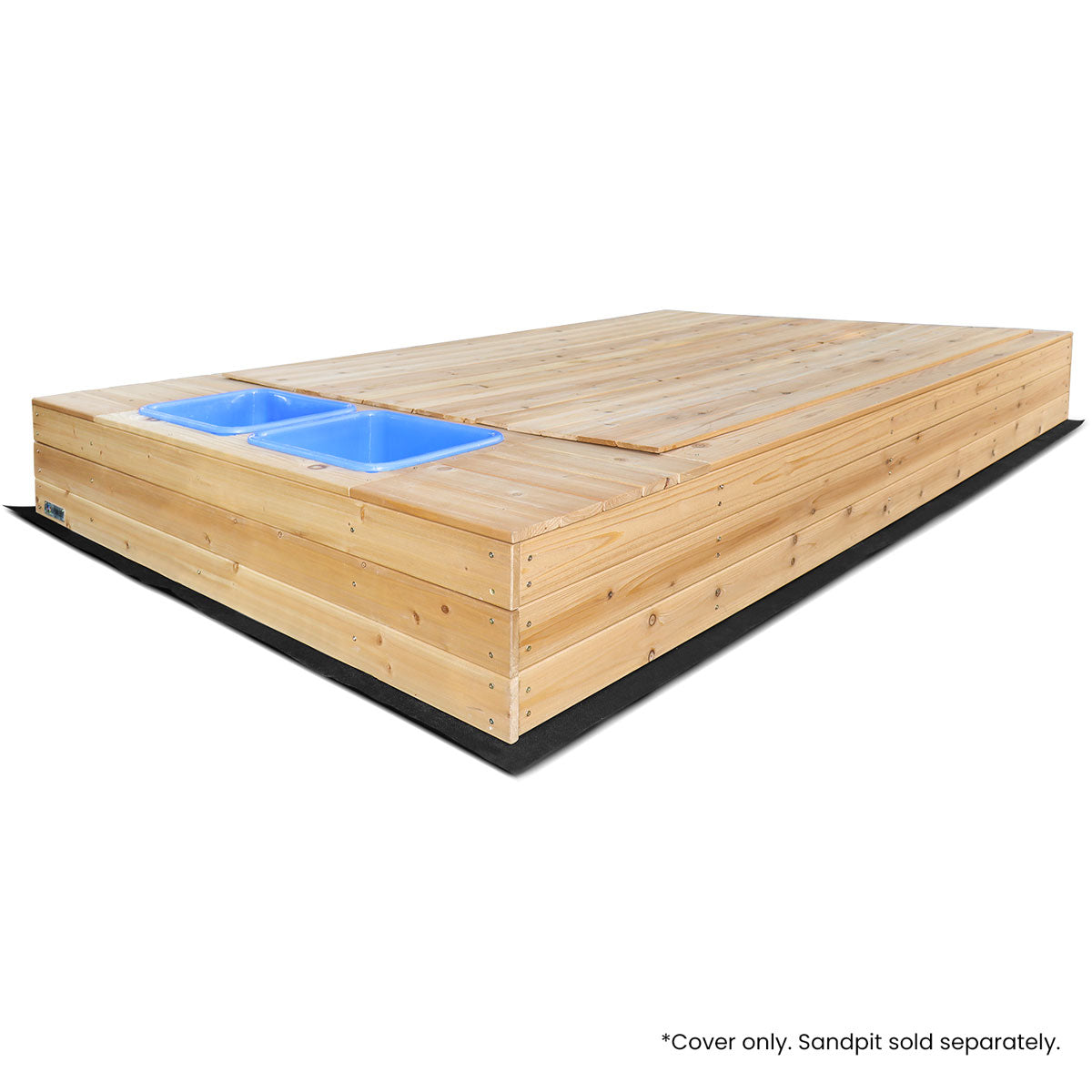 Wooden sand pit cover with blue compartments on a white background