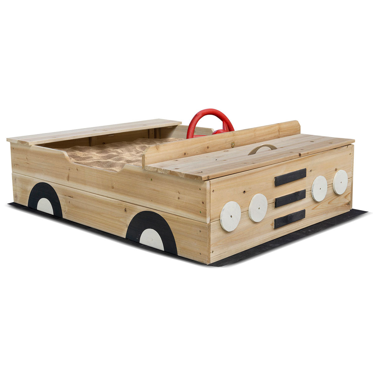 Wooden toy truck with a red handle on a white background