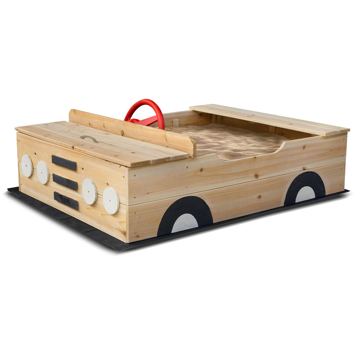 Wooden toy truck with a red handle on a white background