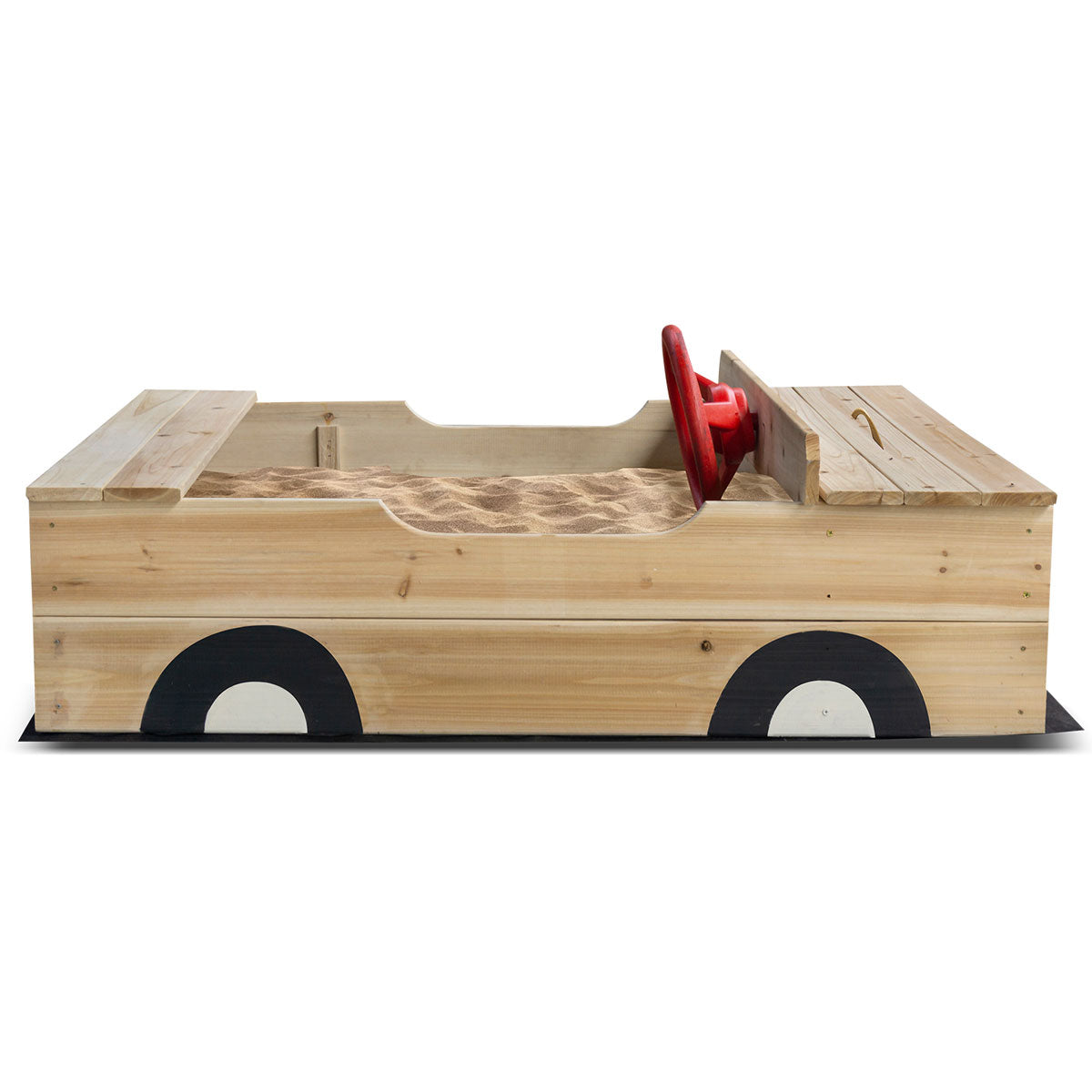 Wooden sandbox designed like a truck with a red steering wheel on a white background