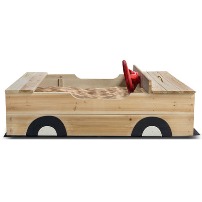 Wooden sandbox designed like a truck with a red steering wheel on a white background