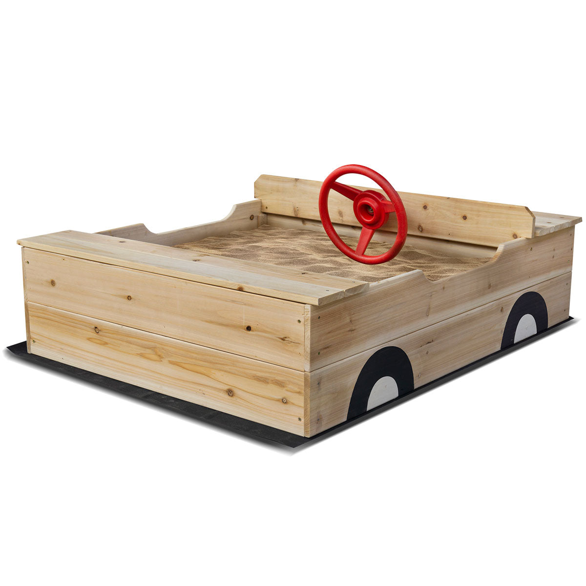 Wooden bed designed like a car with a red steering wheel on a white background