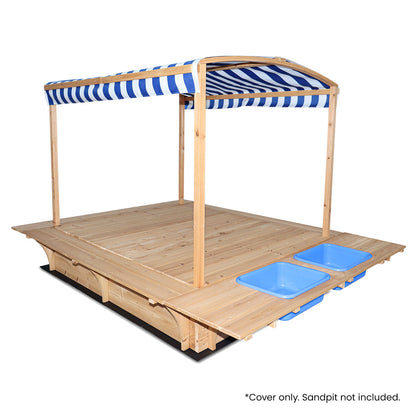 Wooden sandpit cover with blue and white striped canopy on a white background