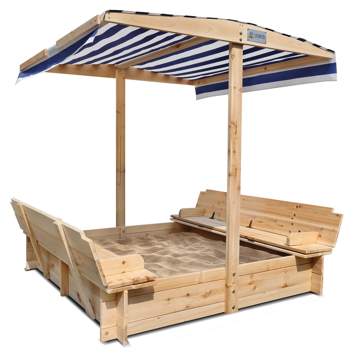Wooden sandbox with canopy and striped cover on a white background