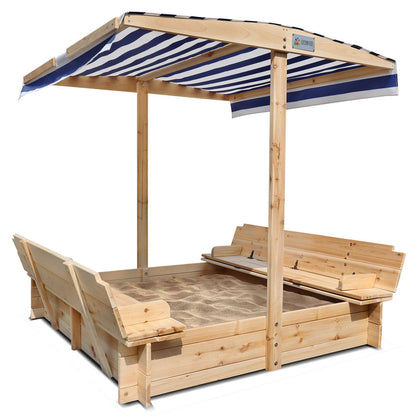 Wooden sandbox with canopy and striped cover on a white background