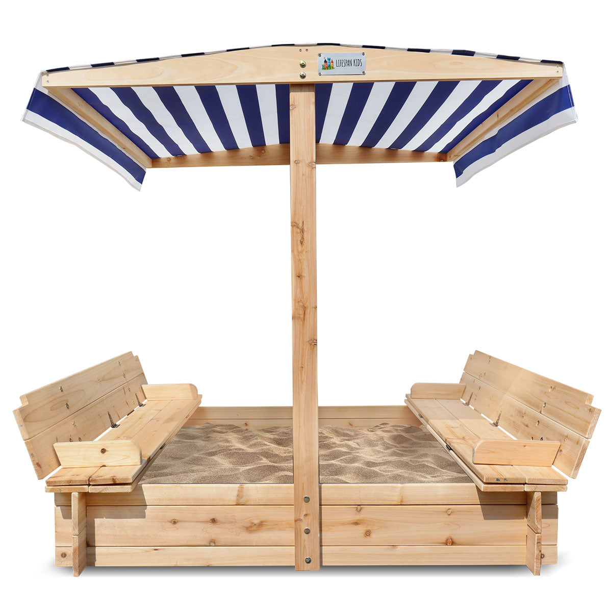 Wooden sandbox with striped canopy on a white background