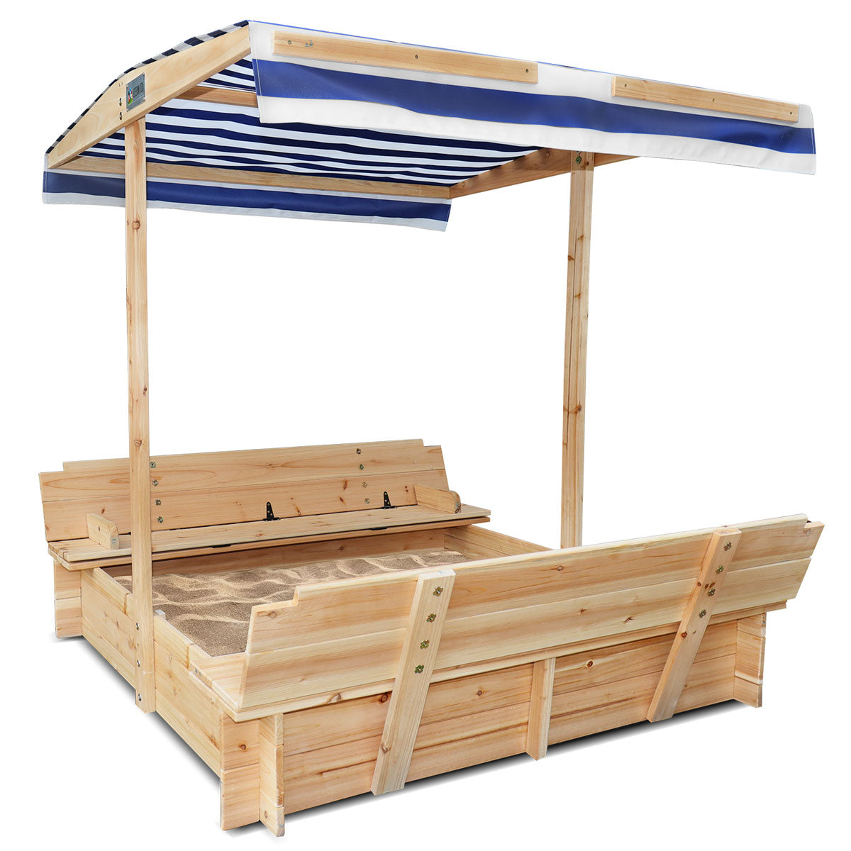 Wooden playhouse with striped canopy on a white background