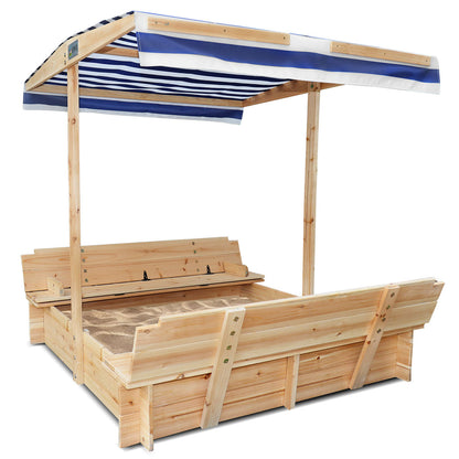 Wooden playhouse with striped canopy on a white background