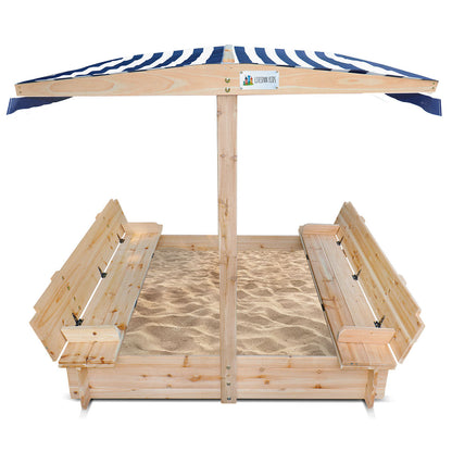 Wooden sandbox with blue and white striped canopy on a white background