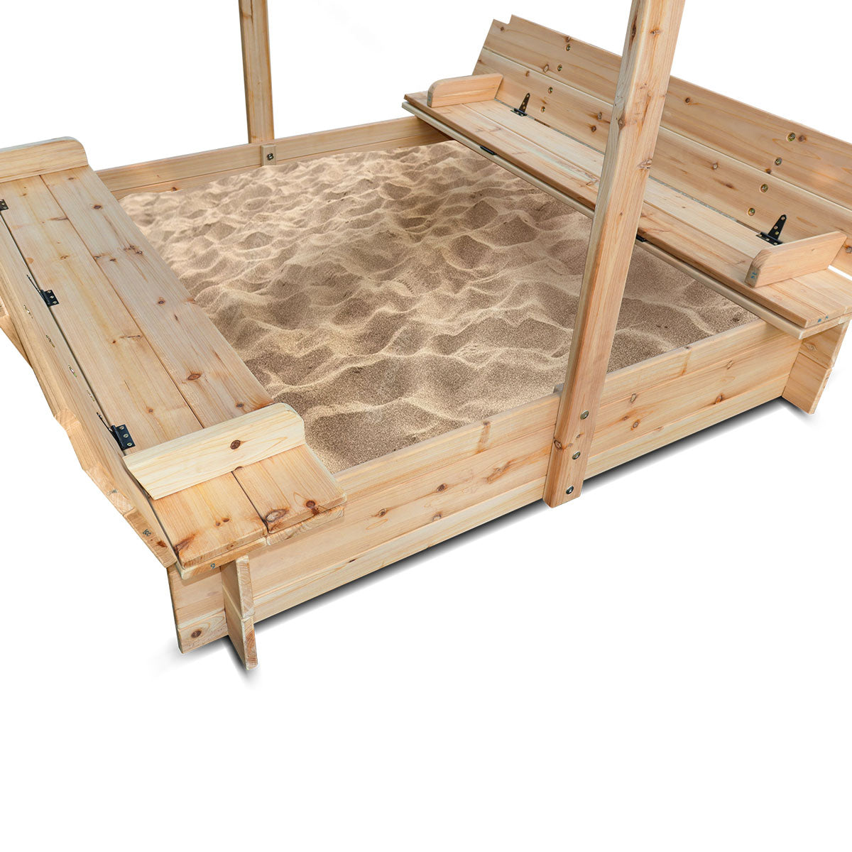 Wooden sandbox with sand inside on a white background