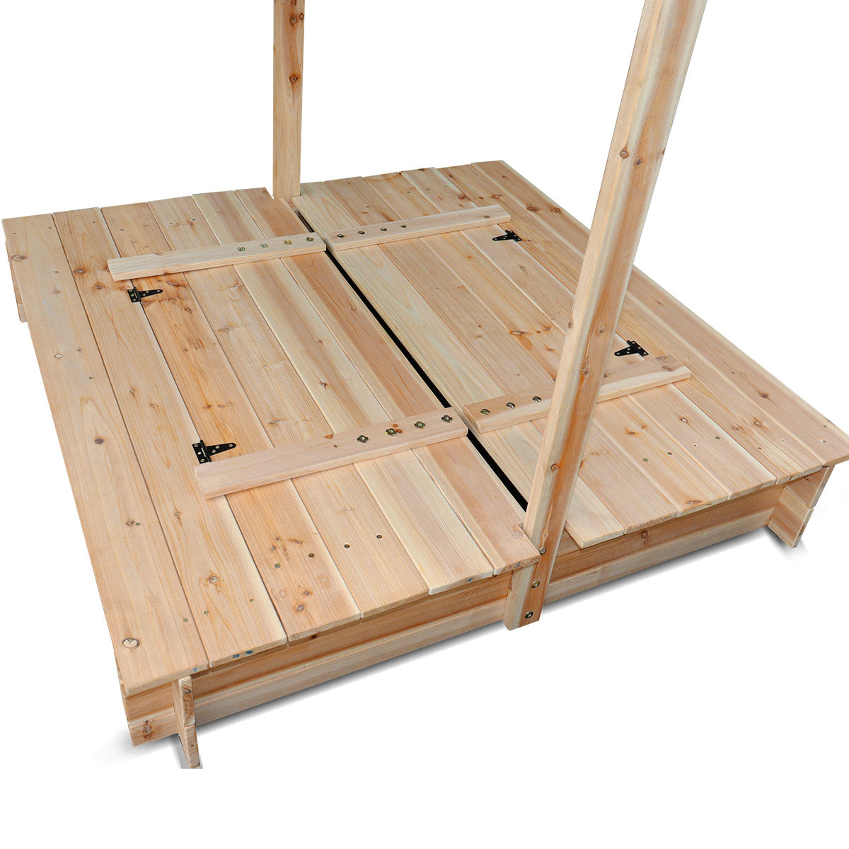 Wooden bed frame with slats on a white background