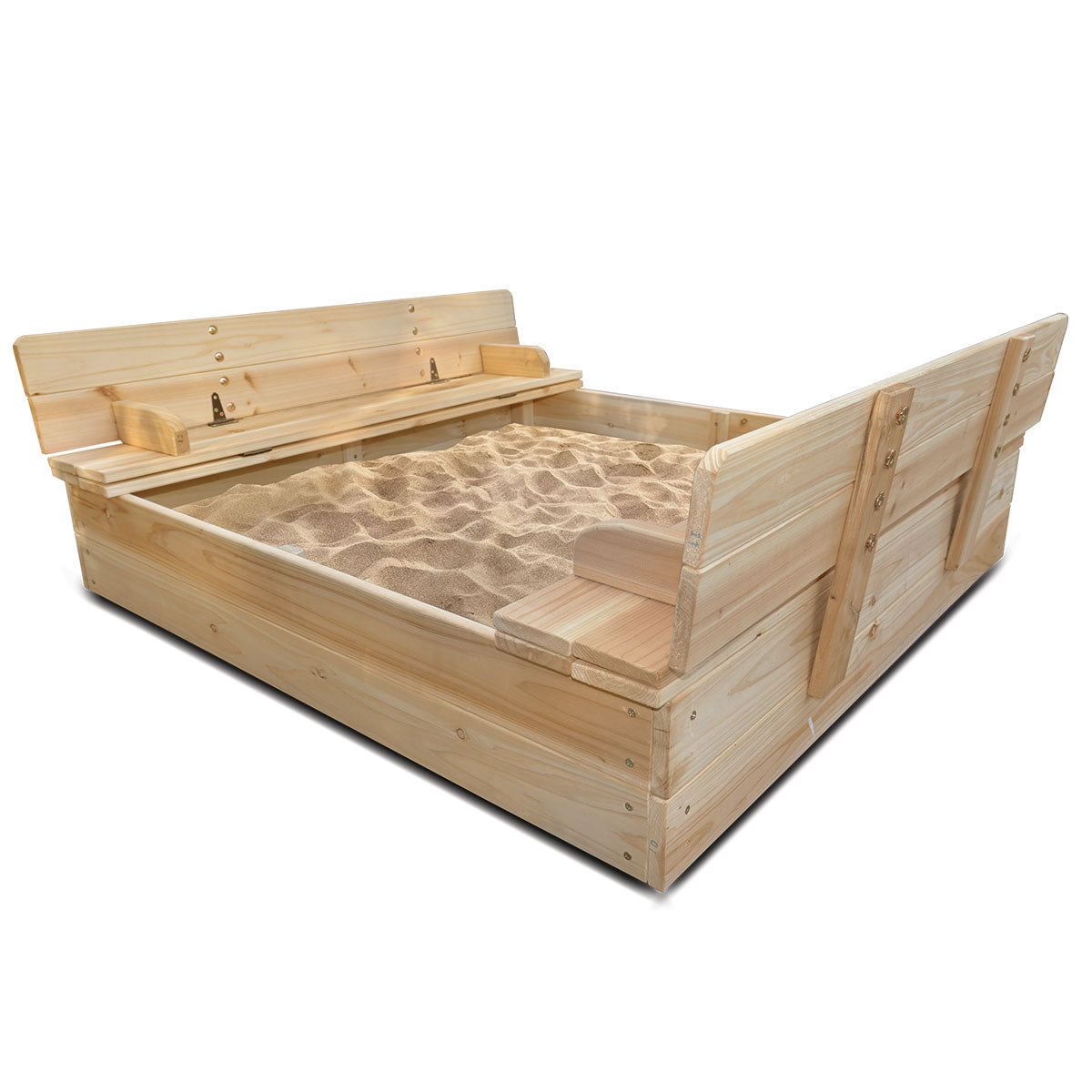 Wooden sandbox with lid on a white background