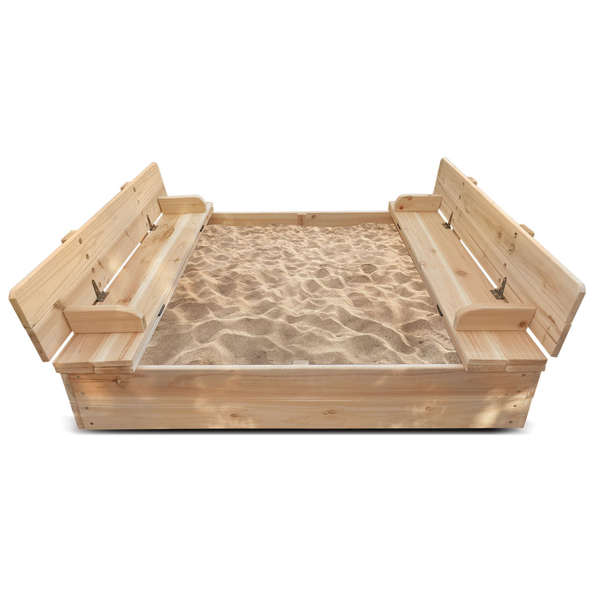 Wooden sandbox with sand on a white background