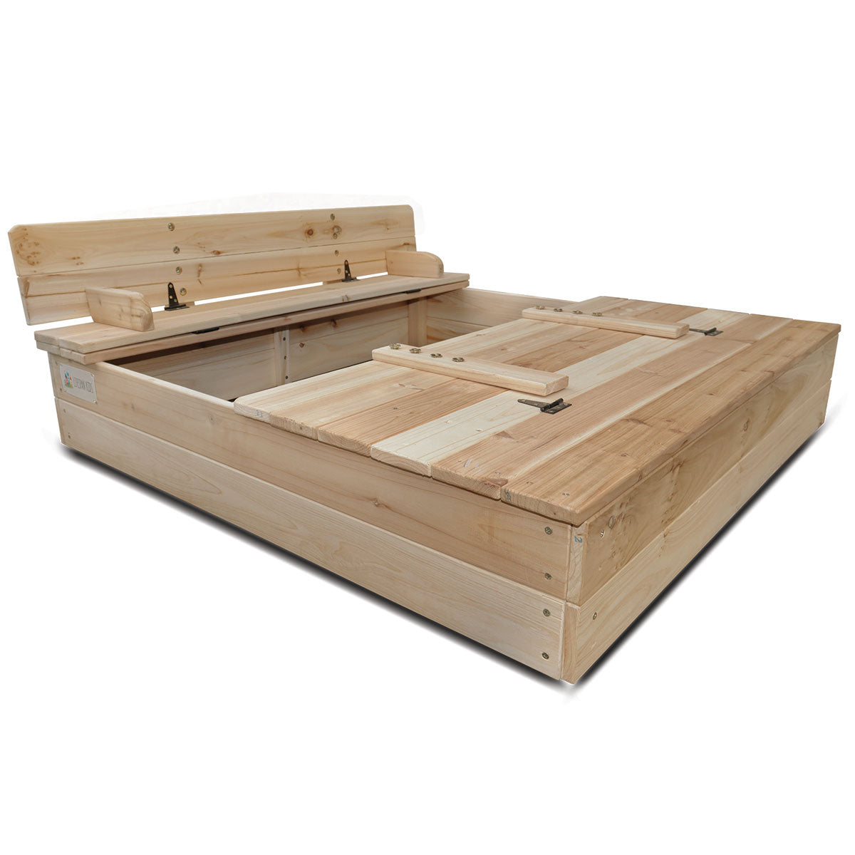 Wooden bed frame with storage compartments on a white background