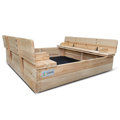 Wooden pet playpen with a black mat on a white background