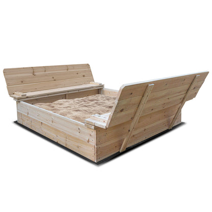 Wooden sandbox with open lid on a white background