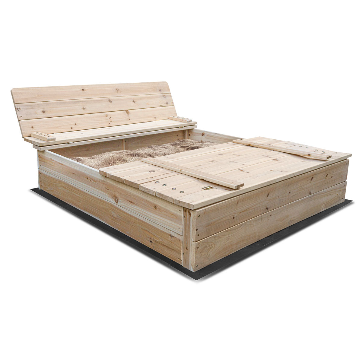 Wooden storage bed with open lid on a white background