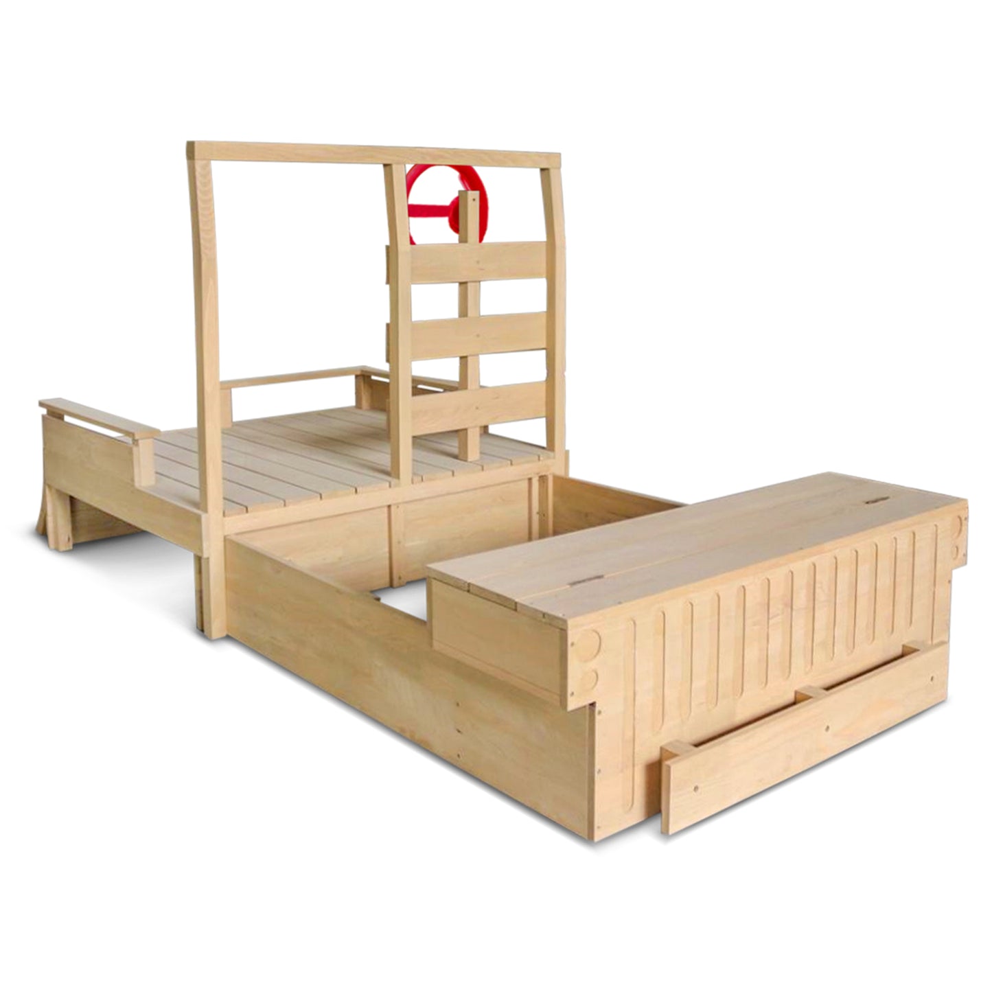 Wooden children's bed with storage drawers and a ladder on a white background