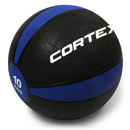 A black and blue Cortex 10kg medicine ball with white text branding.