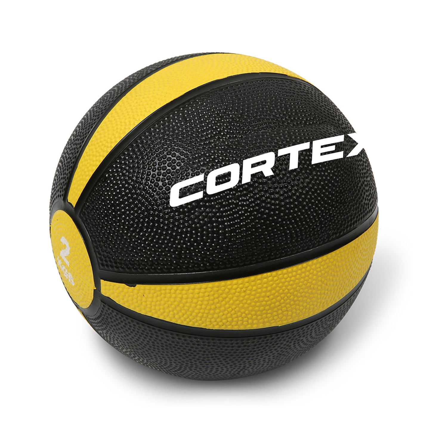 A black and yellow color-coded Cortex brand medicine ball with a rubber casing.