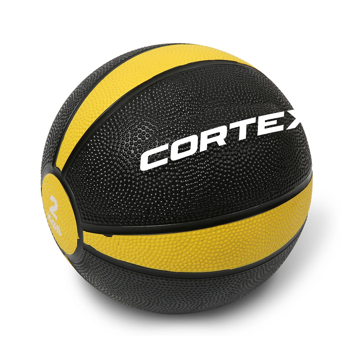 A black and yellow color-coded Cortex brand medicine ball with a rubber casing.