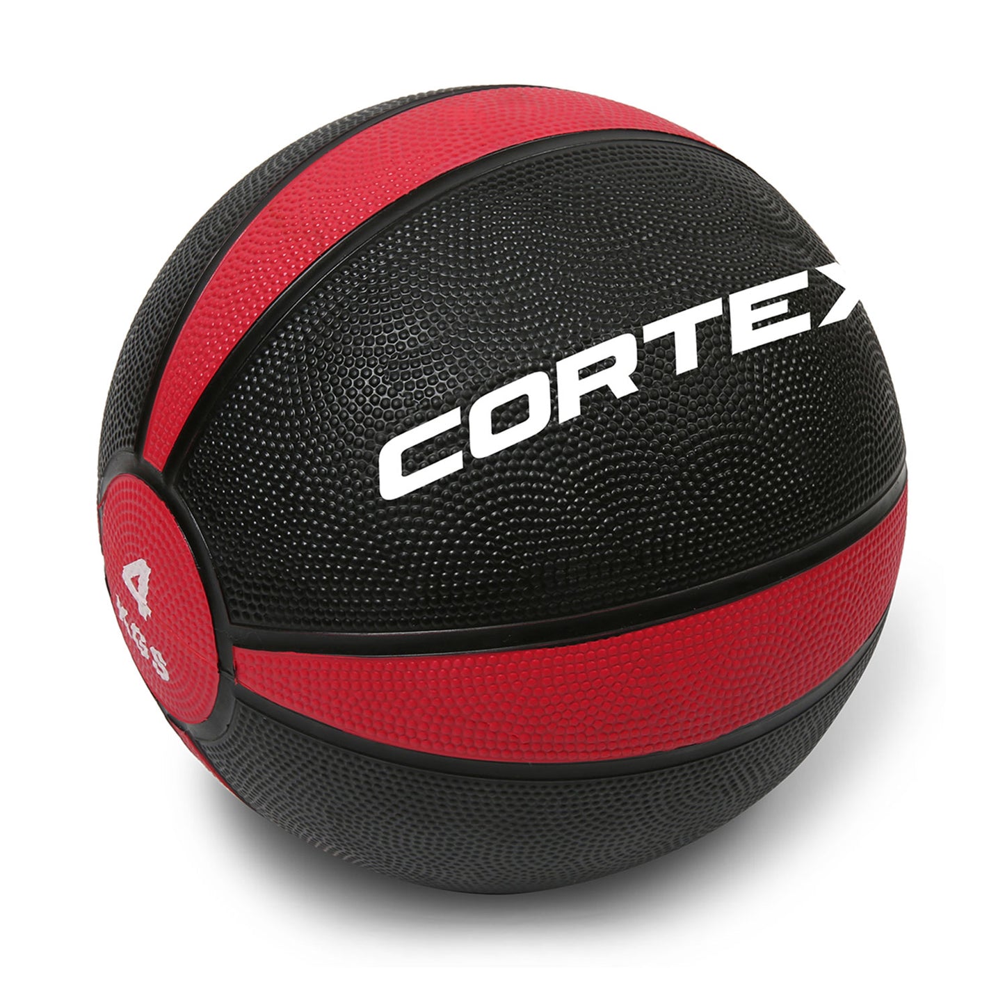 A black and red color-coded Cortex 4kg medicine ball with rubber casing.