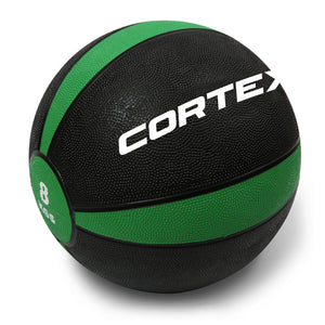 A black and green color-coded CORTEX brand medicine ball with a rubber casing, marked with the weight '8 kg' and the brand name.