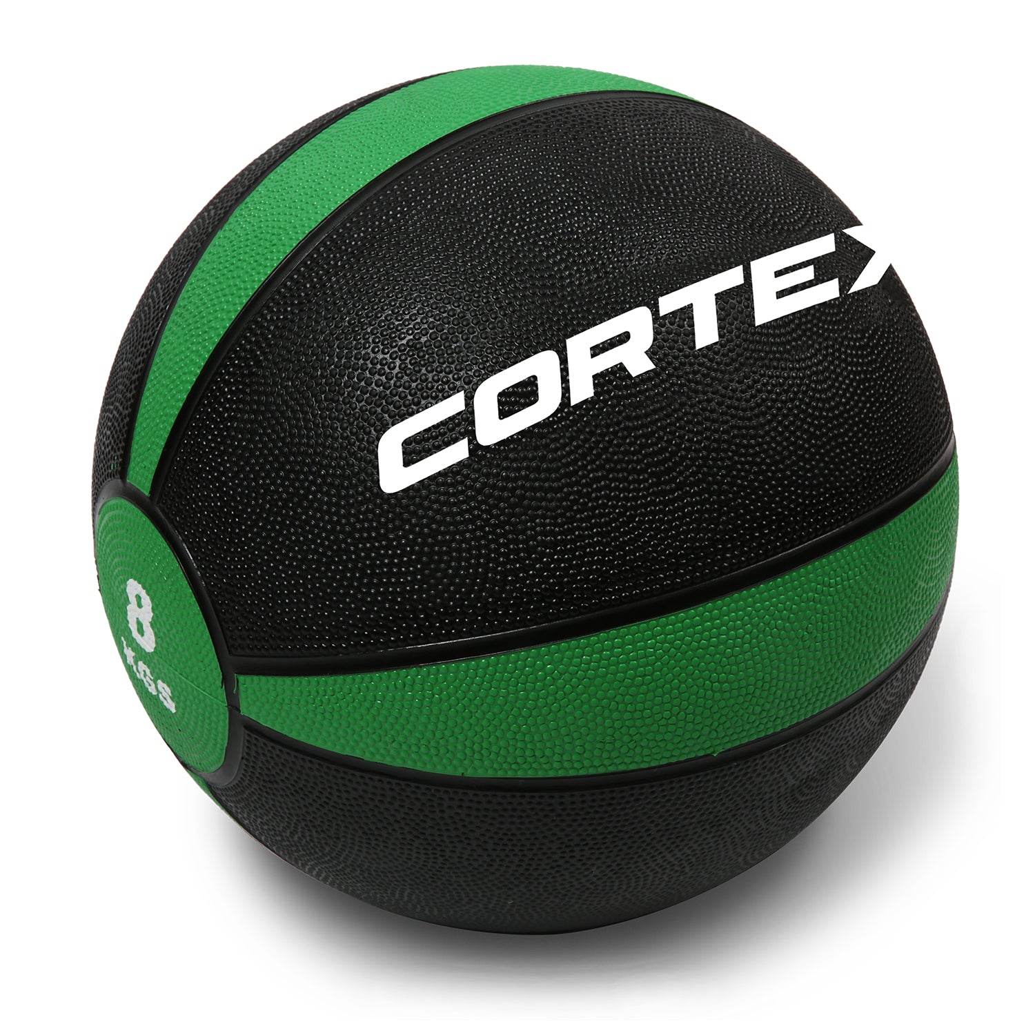 A black and green color-coded CORTEX brand medicine ball with a rubber casing, marked with the weight '8 kg' and the brand name.