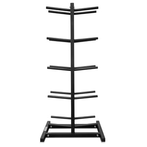 A black metal medicine ball stand with multiple tiers, designed to hold up to 10 medicine balls.