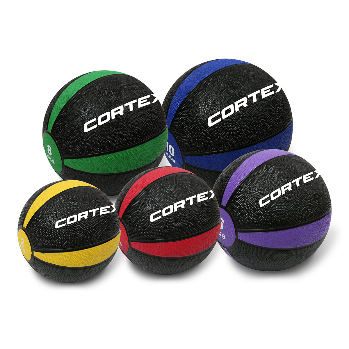 A set of five Cortex medicine balls in different colors, each with a handle embedded in the design, and the brand name 'Cortex' printed on them.