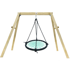 Wooden swing stand with a green webbed swing on a white background
