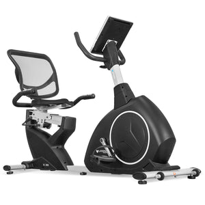 A black Lifespan Fitness RC-300 recumbent exercise bike with a supportive seat and a console screen.