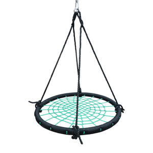 Black netted swing chair with green center on a white background