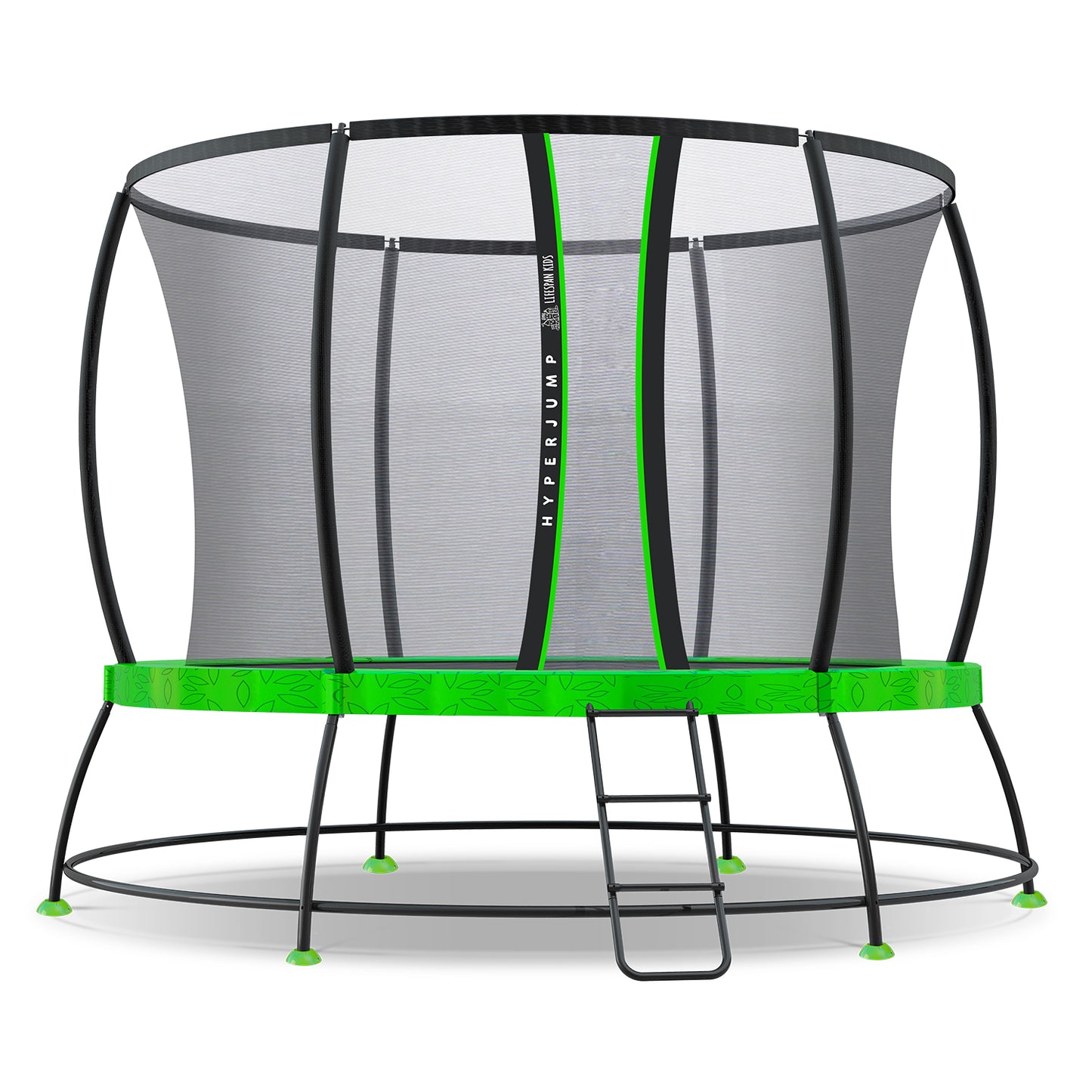 Trampoline with green safety net and ladder on a white background