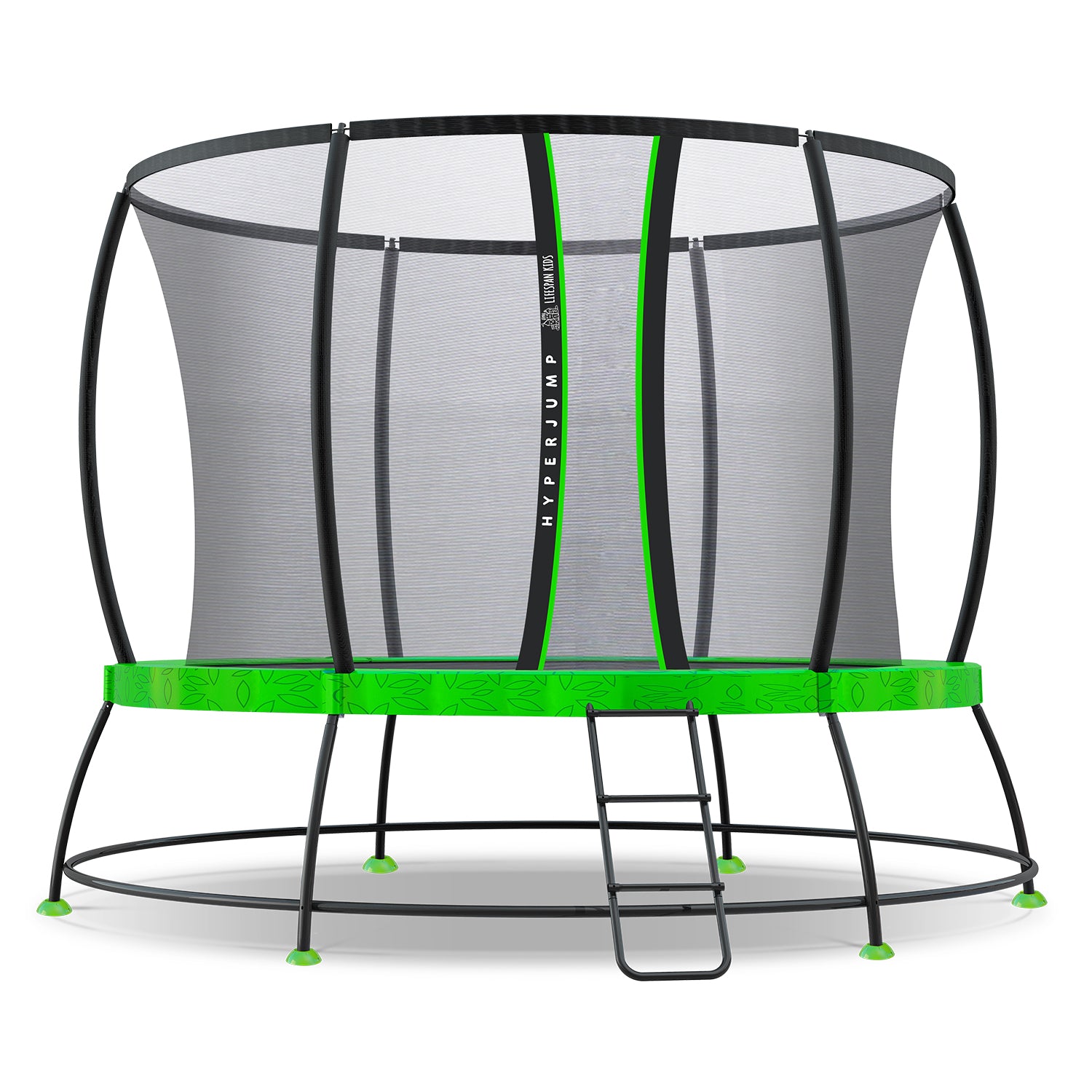 Trampoline with green safety net and ladder on a white background