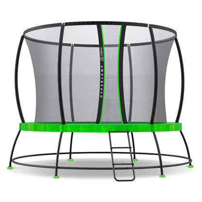 Trampoline with green safety net and ladder on a white background
