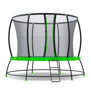 Trampoline with green base and black netting on a white background